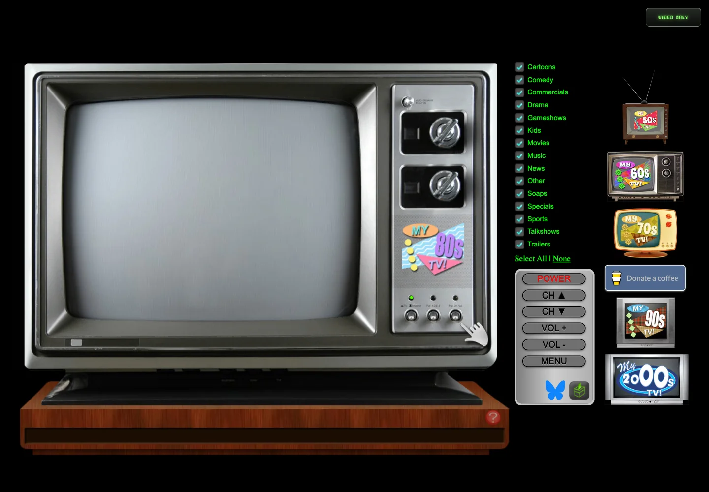 Actual screenshot of My 80s TV, with a vintage television and channel controls.